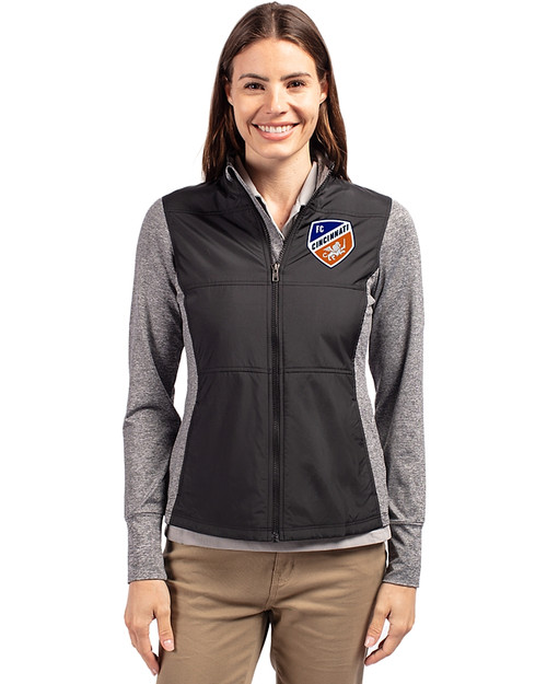 FC Cincinnati Cutter & Buck Stealth Recycled Hybrid Quilted Womens Windbreaker Jacket Black Front