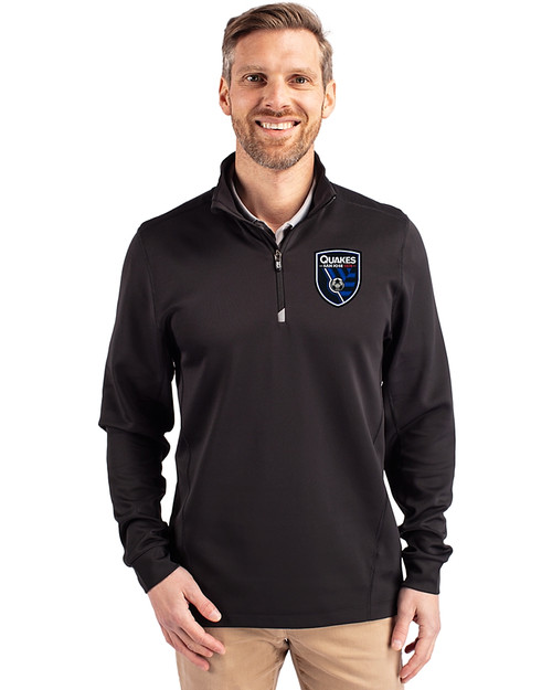 San Jose Earthquakes Cutter & Buck Traverse Stretch Eco Quarter Zip Mens Big and Tall Pullover Black Front