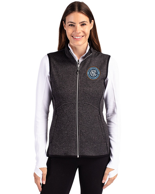 New York City FC Cutter & Buck Mainsail Sweater Knit Womens Full Zip Vest Charcoal Heather Front