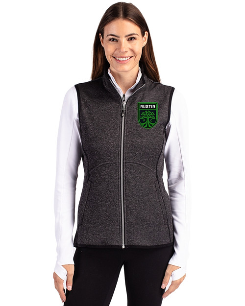 Austin FC - Cutter & Buck Mainsail Sweater Knit Womens Full Zip Vest Charcoal Heather Front