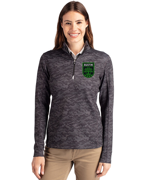 Austin FC - Cutter & Buck Traverse Stretch Eco Camo Print Quarter Zip Womens Pullover Black Front