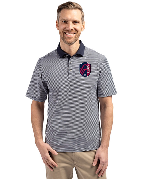 St. Louis City SC Cutter & Buck Virtue Eco Pique Micro Stripe Recycled Mens Polo Navy Blue/White Front