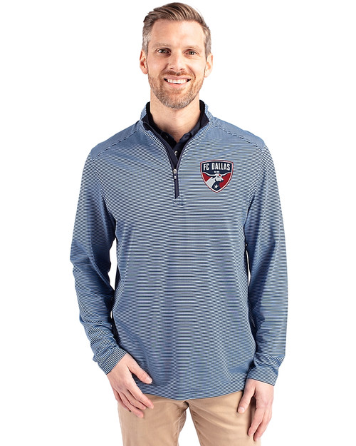 FC Dallas Cutter & Buck Virtue Eco Pique Micro Stripe Recycled Mens Big & Tall Quarter Zip Atlas/Navy Blue Front