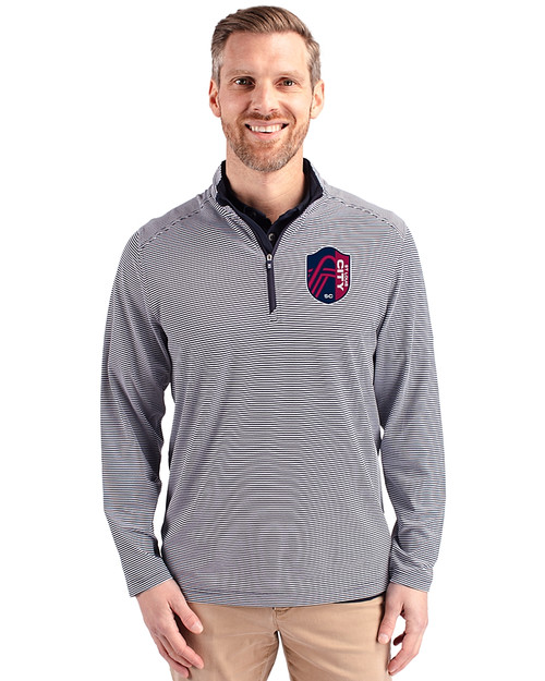 St. Louis City SC Cutter & Buck Virtue Eco Pique Micro Stripe Recycled Mens Big & Tall Quarter Zip Navy Blue/White Front