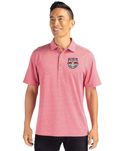 New York Red Bulls Cutter & Buck Forge Eco Heather Stripe Stretch Recycled Mens Polo Cardinal Red Heather Front