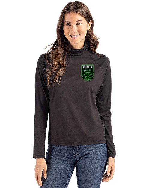 Austin FC - Cutter & Buck Coastline Recycled Double Peached Womens Funnel Neck Pullover Black Front