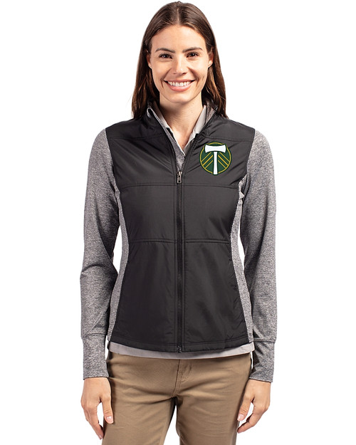 Portland Timbers Cutter & Buck Stealth Hybrid Quilted Womens Full Zip Windbreaker Jacket Black Front