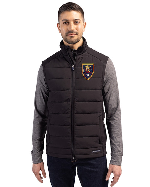 Real Salt Lake Cutter & Buck Evoke Hybrid Softshell Recycled Mens Full Zip Vest Black Front