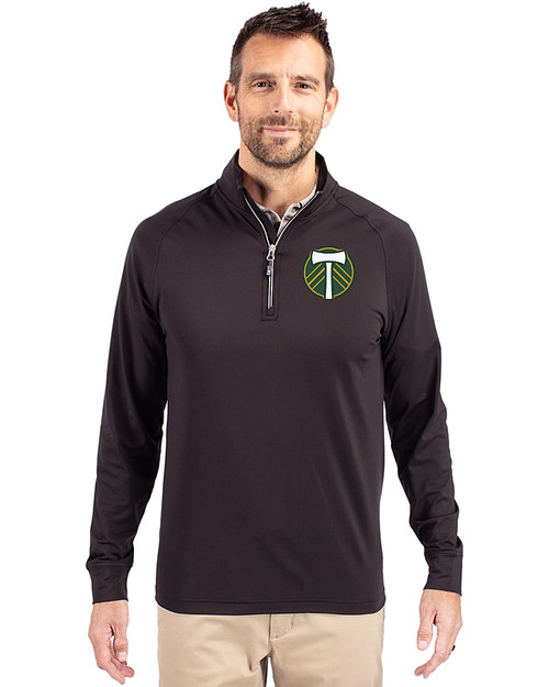 Portland Timbers Cutter & Buck Adapt Eco Knit Stretch Recycled Mens Quarter Zip Pullover Black Front