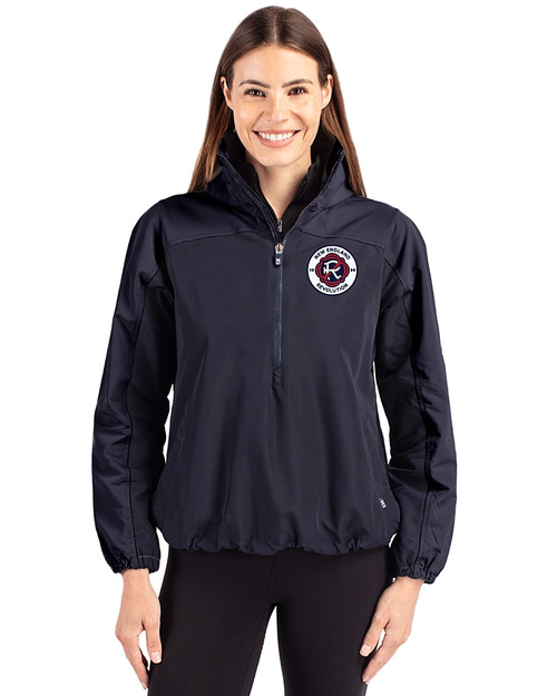 New England Revolution Cutter & Buck Charter Recycled Packable Womens Half Zip Anorak Jacket Navy Blue Front