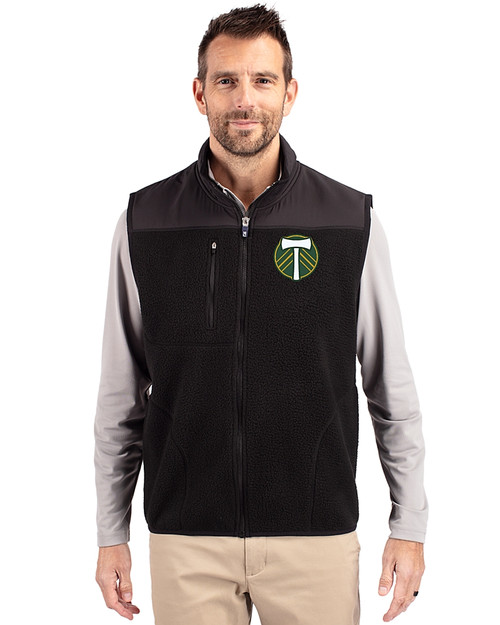 Portland Timbers Cutter & Buck Cascade Epic Comfort Recycled Sherpa Fleece Mens Full Zip Vest Black Front