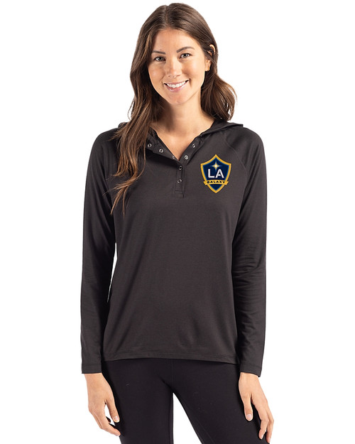 LA Galaxy Cutter & Buck Coastline Epic Comfort Recycled Womens Hooded Shirt Black Front