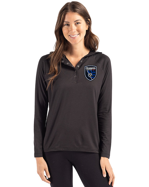 San Jose Earthquakes Cutter & Buck Coastline Epic Comfort Recycled Womens Hooded Shirt Black Front