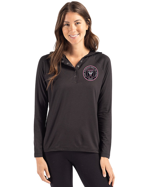 Inter Miami CF Cutter & Buck Coastline Epic Comfort Recycled Womens Hooded Shirt Black Front