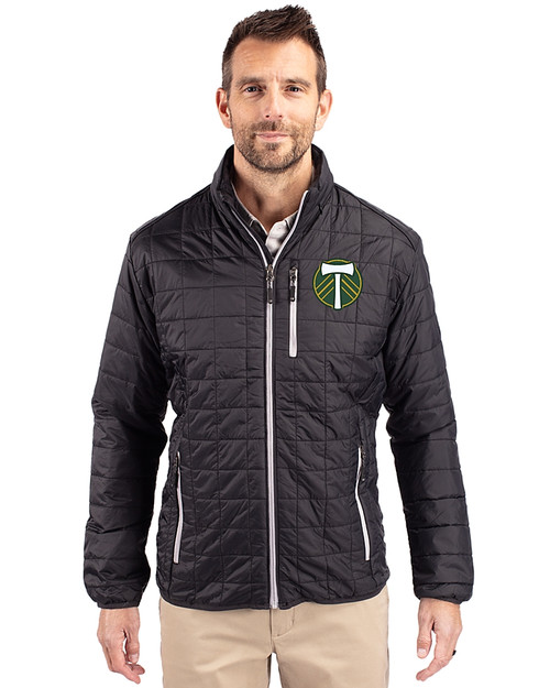 Portland Timbers Cutter & Buck Rainier PrimaLoft® Mens Eco Insulated Full Zip Puffer Jacket Black Front