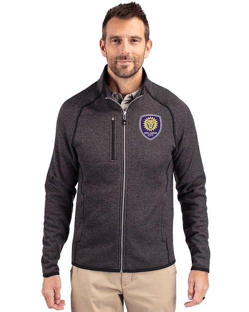 Orlando City SC Cutter & Buck Mainsail Sweater-Knit Mens Big and Tall Full Zip Jacket Charcoal Heather Front