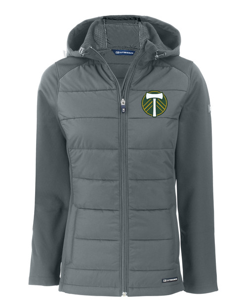 Portland Timbers Cutter & Buck Evoke Hybrid Eco Softshell Recycled Full Zip Womens Hooded Jacket EG_MANN_HG 1