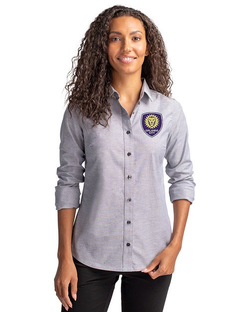 Orlando City SC Cutter & Buck Stretch Oxford Womens Long Sleeve Dress Shirt Charcoal Front