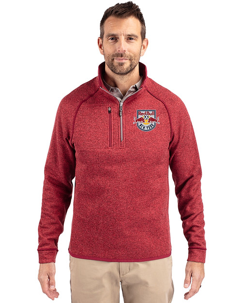 New York Red Bulls Cutter & Buck Mainsail Sweater-Knit Mens Half Zip Pullover Jacket Cardinal Red Heather Front