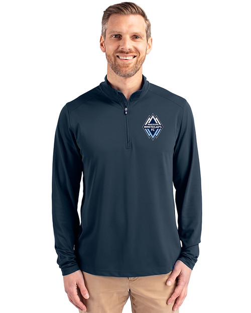 Vancouver Whitecaps FC Cutter & Buck Virtue Eco Pique Recycled Quarter Zip Mens Big & Tall Pullover Navy Blue Front