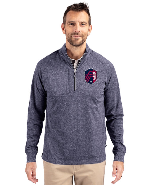 St. Louis City SC Cutter & Buck Adapt Eco Knit Heather Mens Quarter Zip Pullover Navy Blue Heather Front