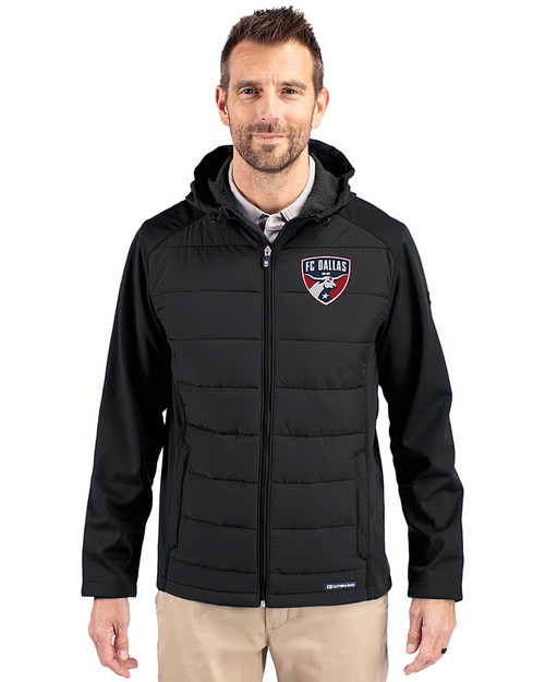 FC Dallas Cutter & Buck Evoke Hybrid Softshell Recycled Full Zip Mens Hooded Jacket Black Front