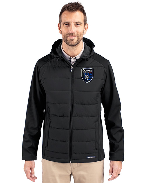 San Jose Earthquakes Cutter & Buck Evoke Hybrid Softshell Recycled Full Zip Mens Hooded Jacket Black Front