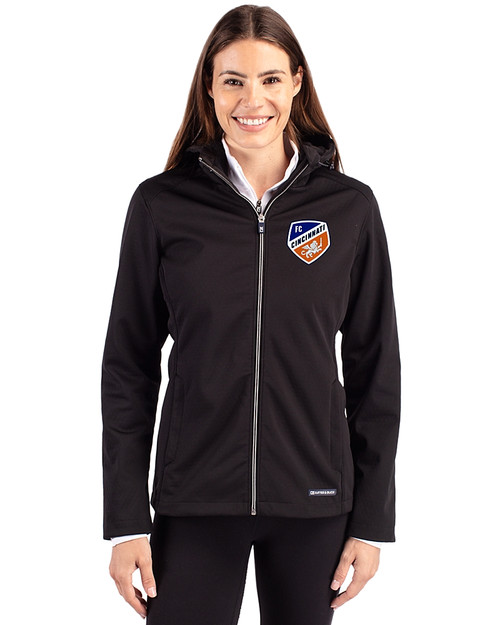 FC Cincinnati Cutter & Buck Evoke Softshell Recycled Full Zip Womens Jacket Black Front