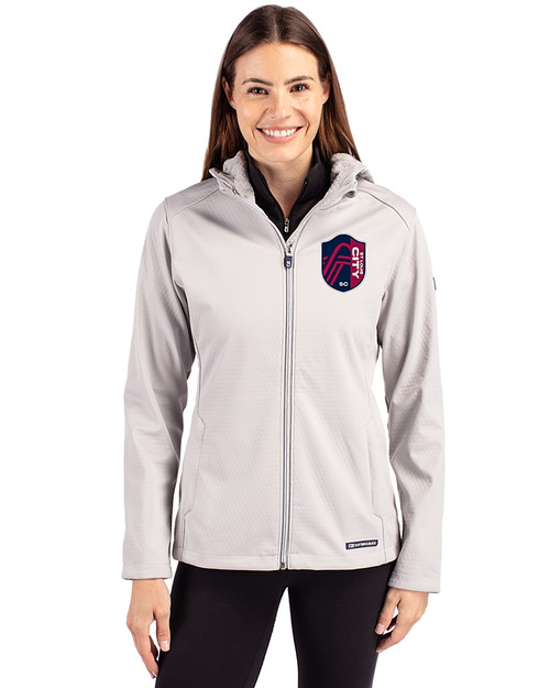 St. Louis City SC Cutter & Buck Evoke Softshell Recycled Full Zip Womens Jacket CONCRETE Front