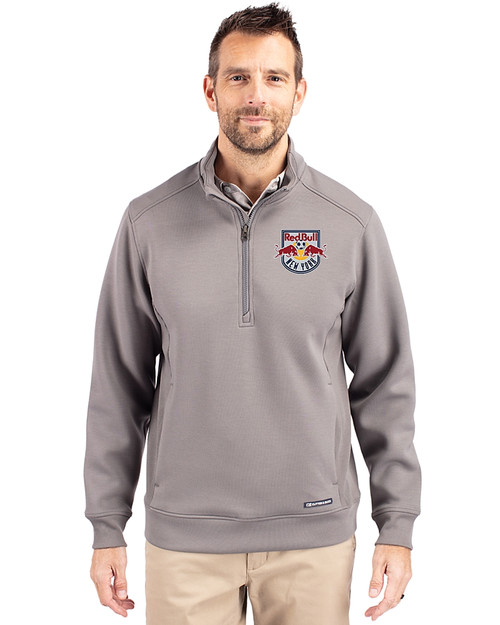 New York Red Bulls Cutter & Buck Roam Epic Versatility Recycled Quarter Zip Mens Pullover Elemental Grey Front
