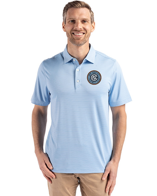 New York City FC Cutter & Buck Forge Epic Confidence Fine Line Stripe Stretch Recycled Mens Polo Atlas/White Front