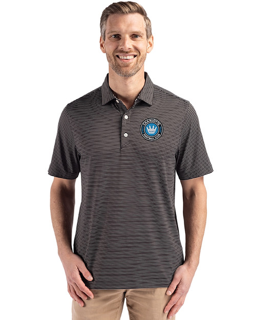 Charlotte FC Cutter & Buck Forge Recycled Fine Line Stripe Four-Way Stretch Mens Polo Black/White Front