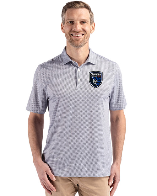San Jose Earthquakes Cutter & Buck Pike Eco Diamond Dot Print Recycled Mens Big & Tall Polo Black Front