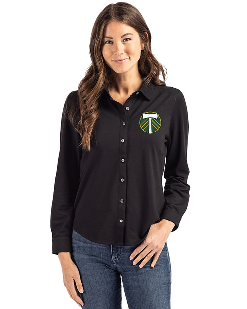 Portland Timbers Cutter & Buck Advantage Tri-Blend Eco Soft Pique Long Sleeve Knitted Womens Button Up Black Front