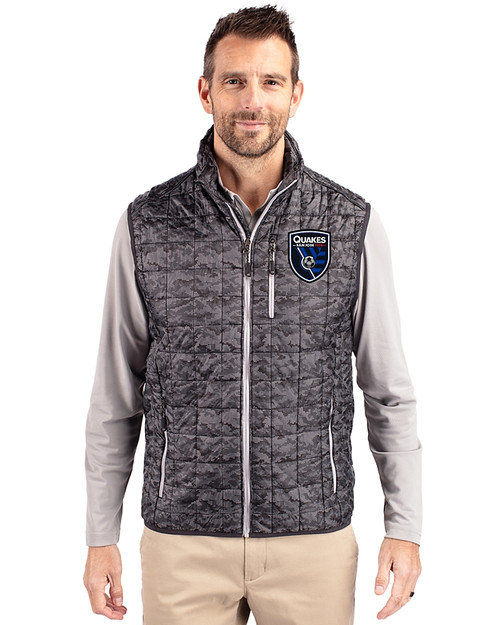 San Jose Earthquakes Cutter & Buck Rainier PrimaLoft® Mens Eco Insulated Full Zip Printed Puffer Vest Black Front