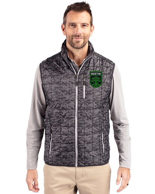 Austin FC - Cutter & Buck Rainier PrimaLoft® Mens Eco Insulated Full Zip Printed Puffer Vest Black Front