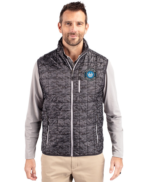 Charlotte FC Cutter & Buck Rainier PrimaLoft® Mens Eco Insulated Full Zip Printed Puffer Vest Black Front