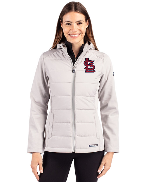 St. Louis Cardinals- Cutter & Buck Evoke Hybrid Softshell Recycled Full Zip Womens Hooded Jacket CONCRETE Front