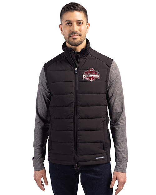 Ohio State Buckeyes 2024 CFP National Champions Cutter & Buck Evoke Hybrid Softshell Recycled Mens Full Zip Vest Black Front