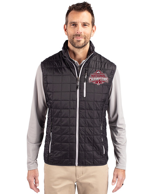 Ohio State Buckeyes 2024 CFP National Champions Cutter & Buck Rainier PrimaLoft® Mens Eco Insulated Full Zip Puffer Vest Black Front
