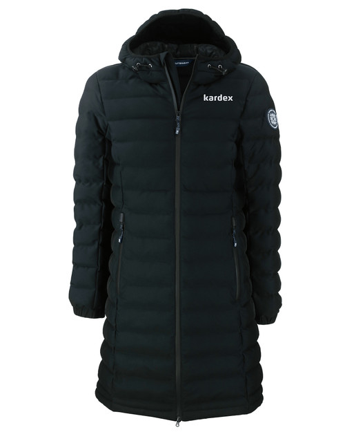 Kardex Cutter & Buck Mission Ridge   Repreve® Recycled Insulated Puffer Womens Full Zip Long Jacket Black Mannequin