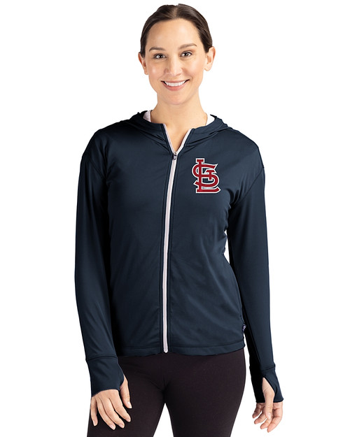 St. Louis Cardinals- Cutter & Buck Daybreak Eco Recycled Womens Full Zip Hoodie Navy Blue Front