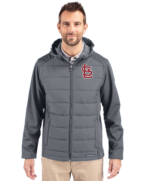 St. Louis Cardinals- Cutter & Buck Evoke Hybrid Eco Softshell Recycled Full Zip Mens Big & Tall Hooded Jacket Elemental Grey Front