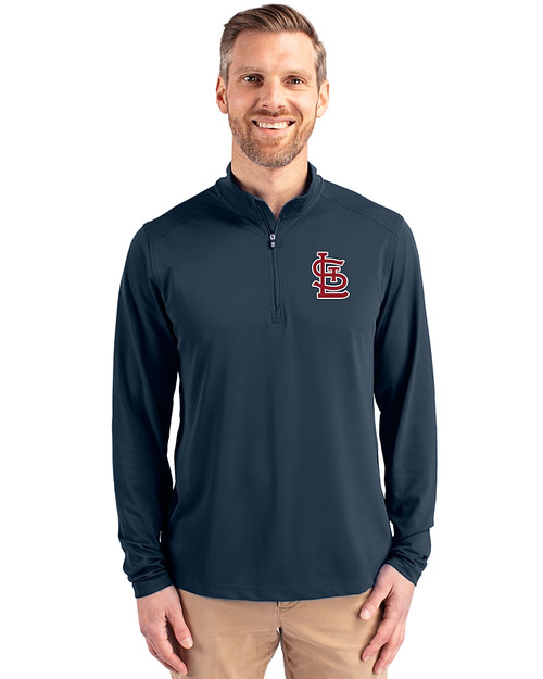 St. Louis Cardinals Cutter & Buck Virtue Eco Pique Recycled Quarter Zip Mens Big & Tall Pullover Navy Blue Front