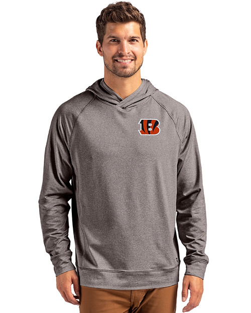 Cincinnati Bengals Cutter & Buck Adapt Knit Recycled Mens Heathered Hooded Pullover Black Heather Front