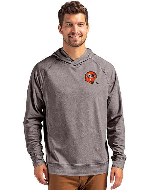 Cincinnati Bengals Historic Cutter & Buck Adapt Recycled Soft Knit Stretch Mens Heathered Hooded Pullover Black Heather Front