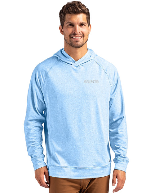 New Orleans Saints Mono Cutter & Buck Adapt Knit Recycled Mens Heathered Hooded Pullover Atlas Heather Front