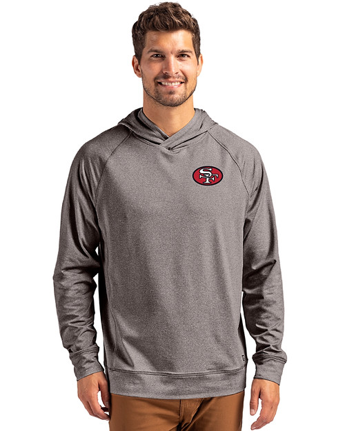 San Francisco 49ers Historic Cutter & Buck Adapt Recycled Soft Knit Stretch Mens Heathered Hooded Pullover Black Heather Front