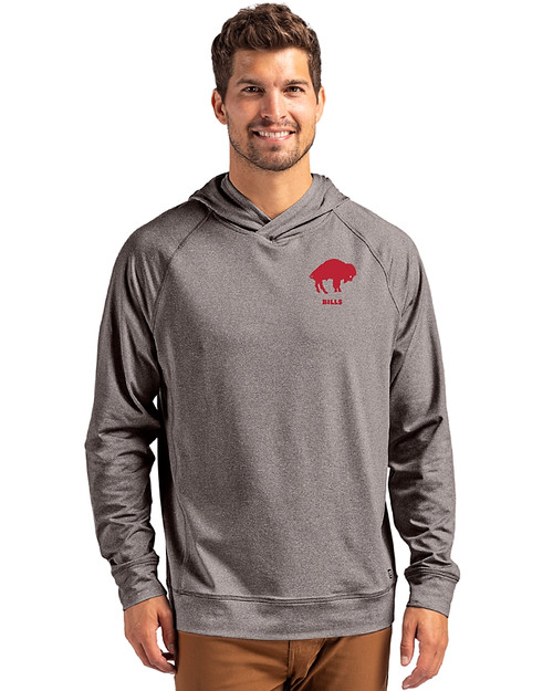 Buffalo Bills Historic Cutter & Buck Adapt Recycled Soft Knit Stretch Mens Heathered Hooded Pullover Black Heather Front