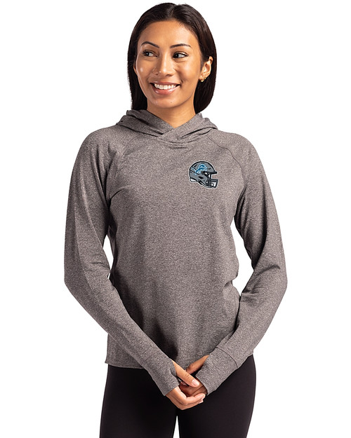 Detroit Lions NFL Helmet Cutter & Buck Adapt Knit Recycled Womens Heathered Hooded Pullover Black Heather Front